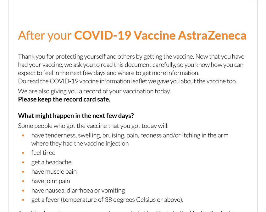 After Your COVID-19 Vaccine AstraZeneca